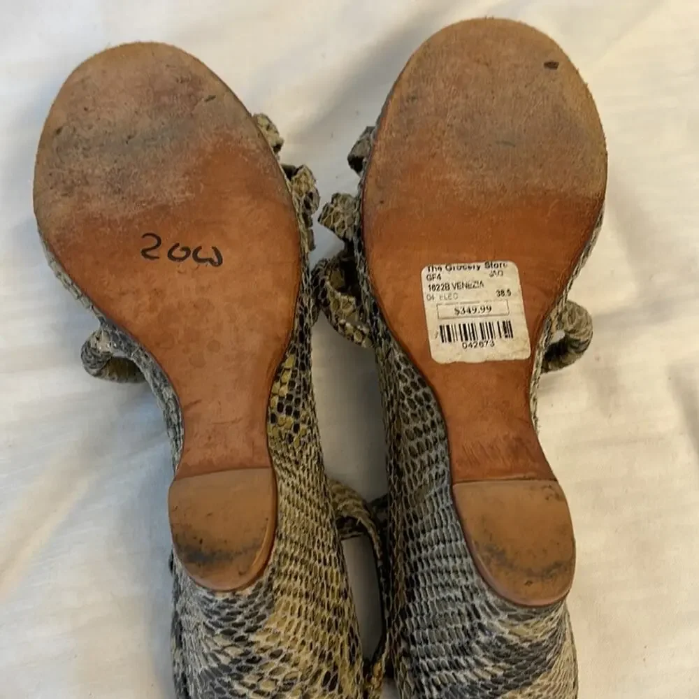 Jacqueline Schnabel Strappy Sandals Wedge Snake Print Size 38.5 Vintage
